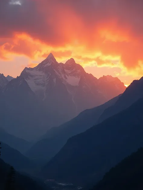 Majestic sunset over the Himalayas in Uttarakhand, showcasing iconic peaks such as Nanda Devi, Trisul, Kedarnath, and Chaukhamba. The scene should include vibrant fire orange and baby pink hues in the sky, with rugged mountain ridges and deep shadows. Add ...