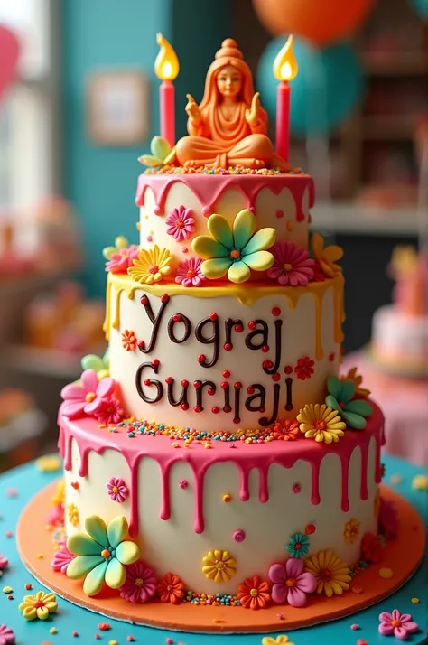 Create a happy birthday cake and write a name is yograj guruji 