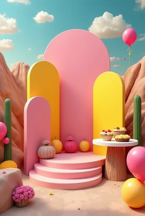 Hello, I want a stage set with four panels, both oval, circular and round, with fuchsia and yellow balloons with a rustic dessert table. 