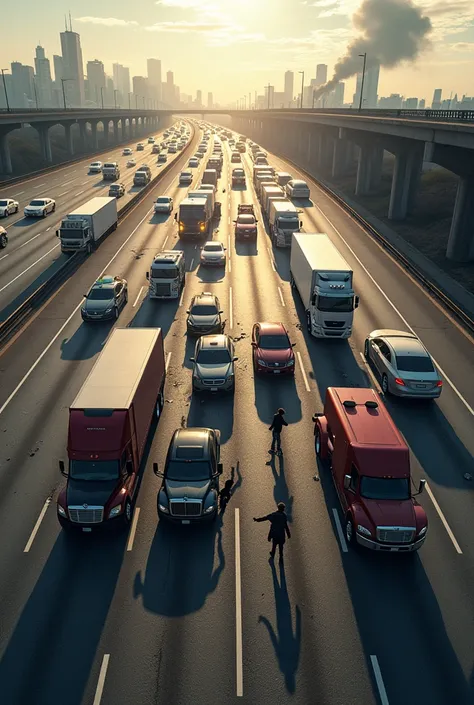 Create a photorealistic image of a pile-up on the highway