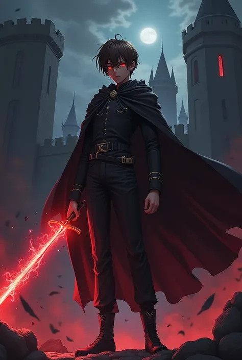 Make a teenager from around , a little muscular, Short, straight brown hair in military style, not very muscular and brown skin. Hes looking angry, flying imposingly with a black cape. His clothes are dark clothes. He looks like a villain with glowing red ...