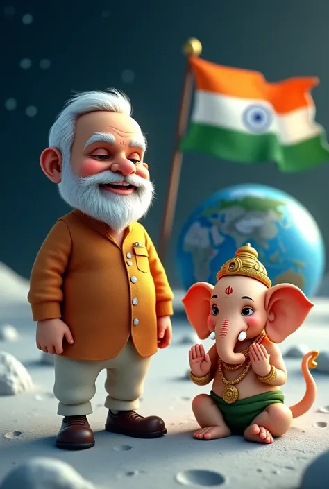 Prime minister Narendra Modi and god cute ganesha on moon surface with Indian falg 