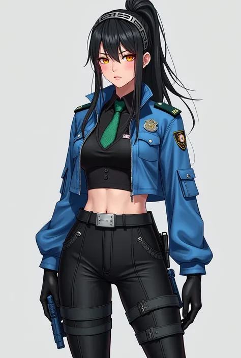 zhu yuan, orange eyes, black hair, long hair, streaked hair, ponytail, metal hairband, police uniform, blue jacket, cropped jacket, long sleeves, black vest, two-tone vest, black gloves, green necktie, plaid necktie, black pants, high-waist pants, belt, th...