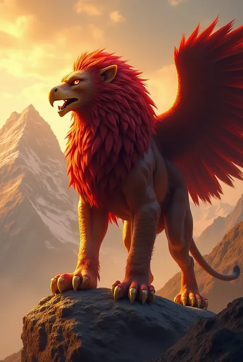 lion and eagle mix the body in red eyes and golden  mountain 
background 