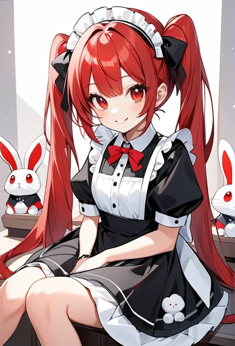  Dadaism of a Girl, A super-cute girl is sitting with a rabbit、The girl has red hair in twin tails.、Cute maid hair accessory、Cute Face、Red eyes、smile、She&#39;s wearing a cute frilly maid outfit.、A cute fluffy white rabbit、The girl and the rabbit sit next t...