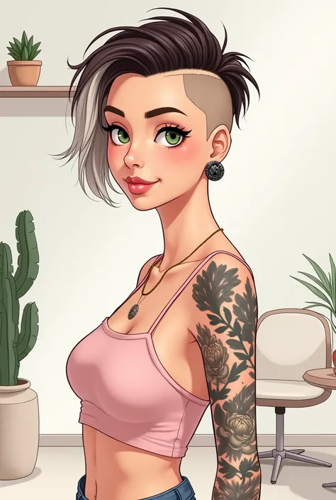 The image is a digital drawing of a young woman with a distinctive hairstyle and multiple tattoos. She has a short, asymmetrical bob with a shaved side, and her hair is a mix of dark brown and white. Her skin is fair with a slight tan, and she has striking...