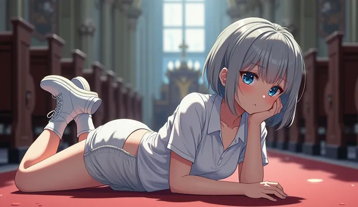 illustration,  best quality, anime, ultra-detailed, extremely detailed, 8K, detailed background, in the church, from side, cowboy shot, solo, one woman on the floor, (20yo:1.3), lying prone on the floor, looking away from viewer, (troubled face:3), (strugg...