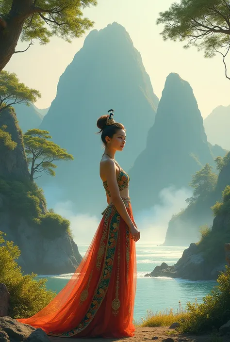 photorealism: 1.2), beautiful woman, posing under a mountain, facing forward, camera in focus, wearing typical peacock dancer clothes, hair in a bun with a peacock crown, open nature, soft lighting, mountains in the background, fog, trees, sea , daytime, b...