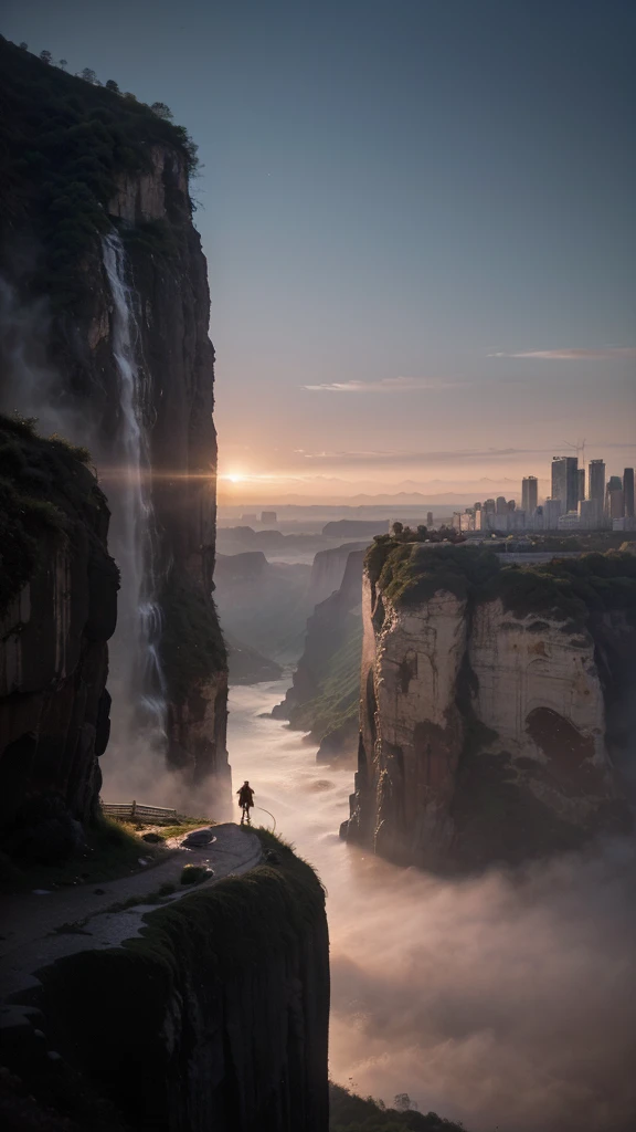 ((best quality)), ((mIn the ethereal glow of a magenta-tinted world, a lone figure stands atop a precipice, transfixed by the breathtaking sight before him.
Below, nestled within the cradle of the cliffs embrace, lies a city unlike any other—a metropolis b...