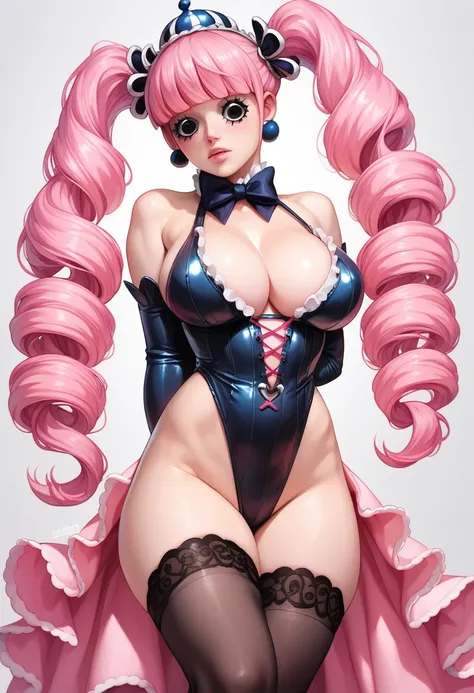 Perona, One Piece, Pink hair, black eyes, big breasts, thigh highs, thick thighs, sexy, submissive, realistic, arms behind back, cleavage,
