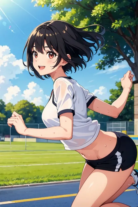 A lively girl, black hair fluttering in the wind, short hair, sweat, sparkling, sprinting, jumping, smiling, looking happy, wet gym clothes, daytime, schoolyard, sunlight, summer 