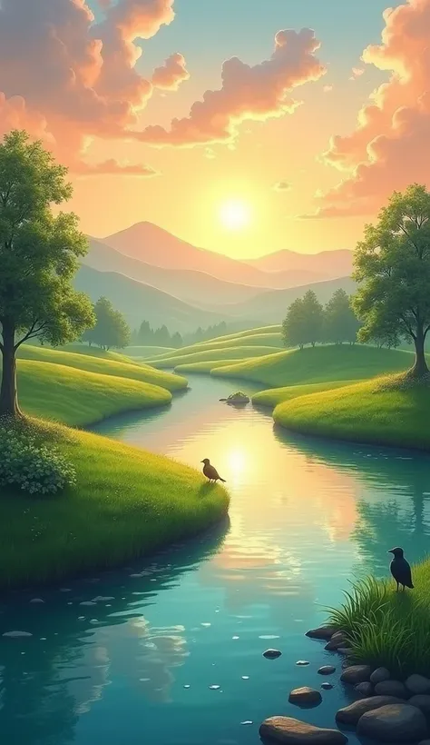 A serene and picturesque landscape of a winding river, lush green grass, and rolling hills. The clear water gently flows, reflecting the sky above, which is a blend of soft orange and pink hues at sunset. The grass is vibrant and rich, providing a contrast...