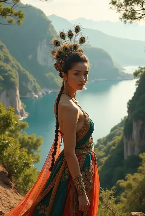 photorealism: 1.2), beautiful woman, posing in a mountain crater, facing forward, camera focus, wearing typical peacock dancer clothes, hair in a bun with a peacock crown, open nature, soft lighting, mountains in the background, fog, trees, sea , daytime, ...