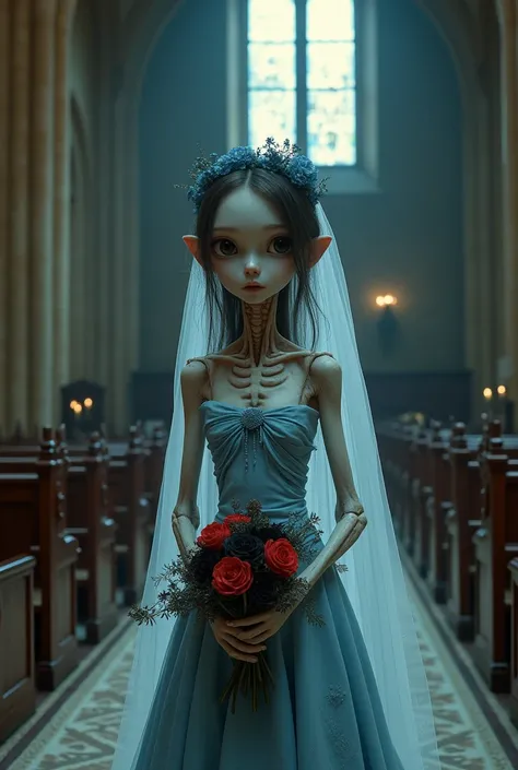 fully wet bride is standing in stage of Church,her skin looks like she has no blood in her body ,she is wearing blue wedding gown for wedding, she so much skinny ,bones are fully visible,her blue wedding gown if half is damaged,make her look horrible,she i...