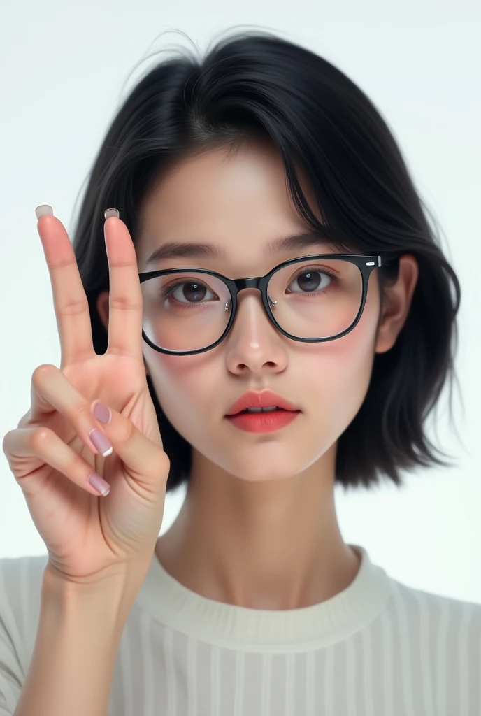 a woman wearing glasses and making the number one with her hands, with transparent background