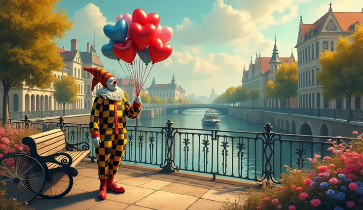 A whimsical and surreal illustration of a sad jester holding a bouquet of heart-shaped balloons in various colours. The jester is dressed in a yellow and black checkered costume with a ruffled collar, and red clown shoes with exaggerated rounded tips.
He s...