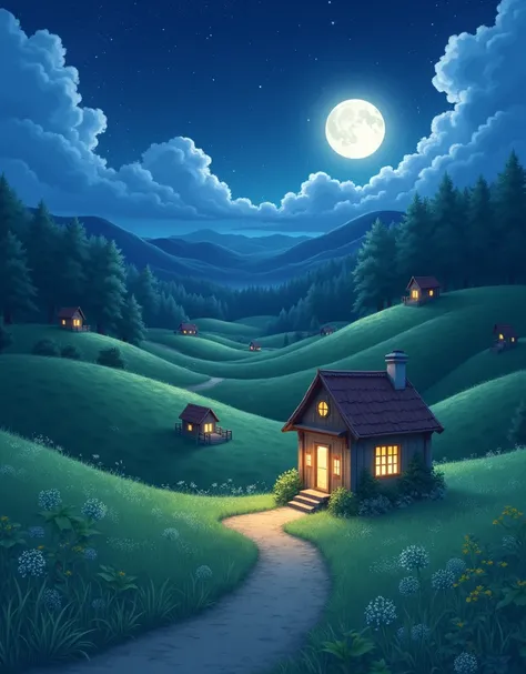 Create an anime-style illustration of a serene, moonlit countryside. In the foreground, a winding dirt path leads to a quaint wooden house with a steep roof, warmly illuminated by soft yellow lights glowing from its windows. The house is surrounded by roll...