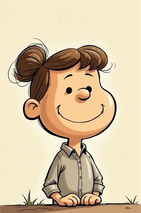 create a "peanut" inspired drawing style on comic about a woman mid 40s in a bun being interviewed 