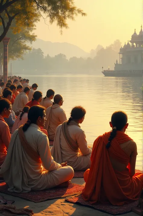 Indian men and women sit together on the banks of the river Ganges and offer obeisance to the Lord with calm devotion.
