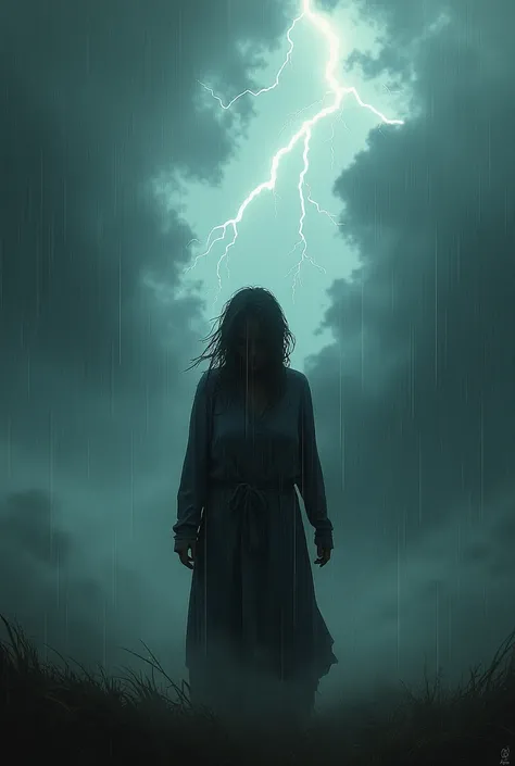 Depressed person in the middle of a storm with rain and lightning