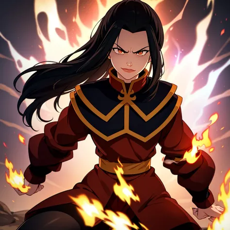 masterpiece, best quality, 1girl, azula pantyhose, slight smirk, solo, black hair, fire, dark, long hair, serious, eyes open, pu...