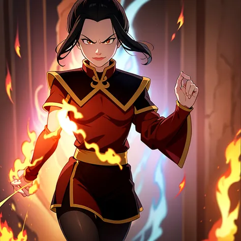 masterpiece, best quality, 1girl, azula pantyhose, slight smirk, solo, black hair, fire, dark, long hair, serious, eyes open, pu...