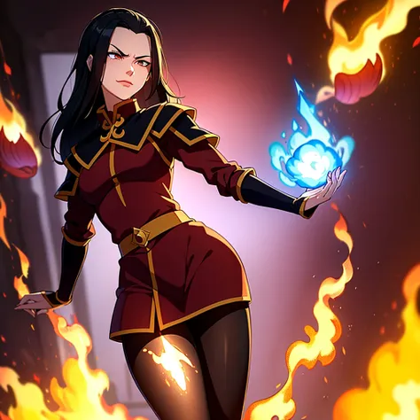 masterpiece, best quality, 1girl, azula pantyhose, slight smirk, solo, black hair, fire, dark, long hair, serious, eyes open, pu...