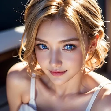 wedding dress、a wedding ceremony、blue eyes、blonde、幸せな顔short hair、full body photo、sexy face、short hair、 (((masterpiece)))、((highe...