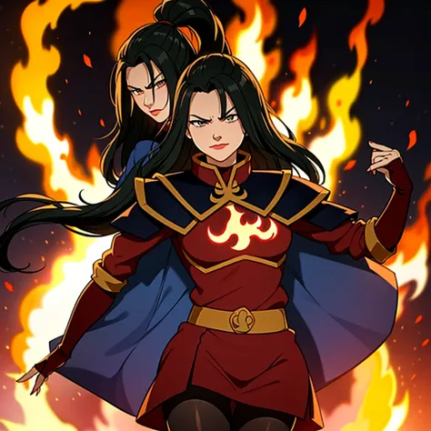 masterpiece, best quality, 1girl, azula pantyhose, slight smirk, solo, black hair, fire, dark, long hair, serious, eyes open, pu...