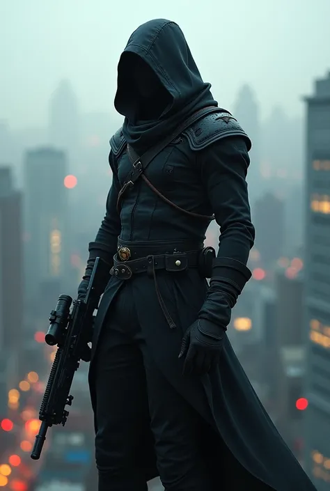 A man in a black assassin outfit , and with black pants , he is on top of a building with a sniper rifle in his hand 