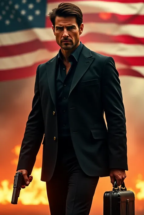 Tom Cruise wearing black suit holding a gun and brief case with American flag background with fire and smoke 