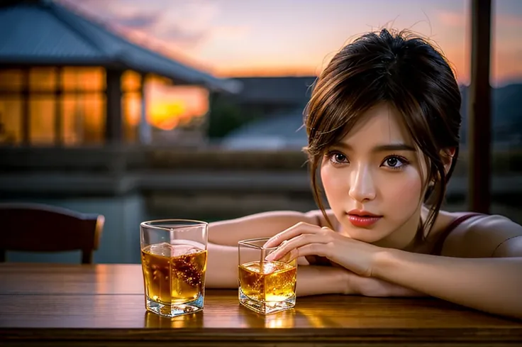 8k,Brown short hair,Japanese actress,Super Beauty(Like the real thing),Short sleeve dress,Whiskey bottles、The Macallan、Johnnie Walker、、Old Parr、whiskey、Suntory、Nikka、Slim Couple、Model Couple、(Realistic, Intricate details:1.2), full-course dinner、Whiskey bo...