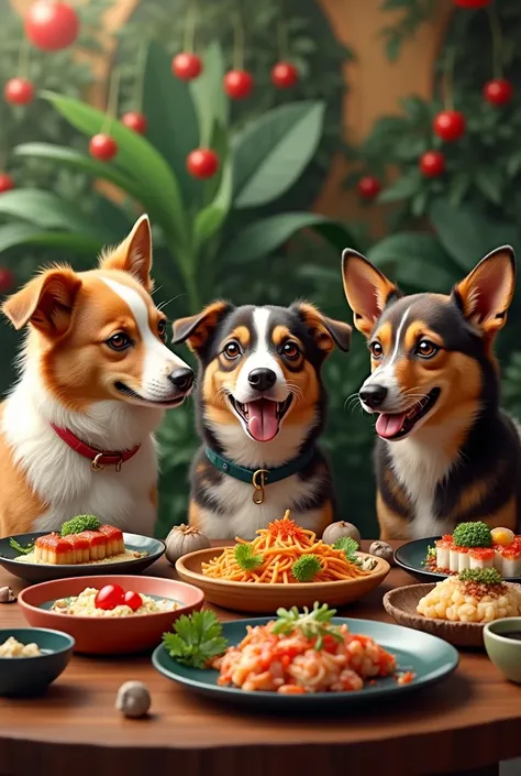 Dogs sitting eating Japanese food in Colombia 