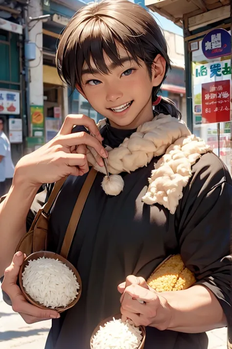 a man holding a rice ball at his mouth、happy face with mouth open