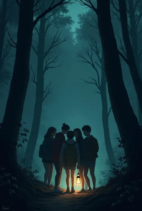 The group of friends in the dark forest, looking around nervously as faint whispers seem to come from all directions. Dark, ghostly shadows flit between the trees, just at the edge of their vision. The atmosphere is thick with tension, and the friends are ...