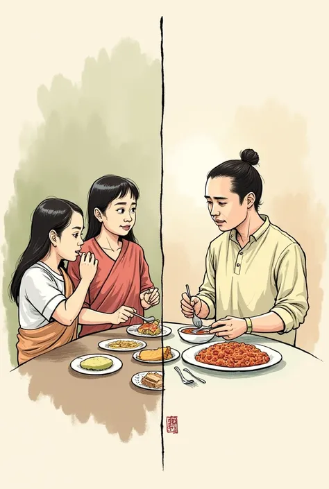  Left Side: A cultural practice, such as a family eating a meal with their hands, showing people in traditional dress enjoying the food.
Right Side: An individual from a different culture is eating with utensils and looking at the meal with curiosity but n...