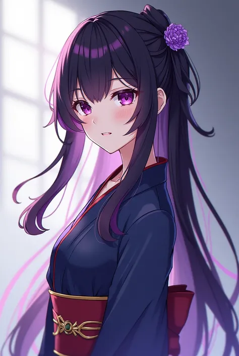 Create a 2d anime image of a girl in the Liyue system wearing a kimono with a split cut and when she grows up she has black hair mixed with a purple color creating a cold and sexy look. , shy and cool eyes are also quite cute and a 5 star character of gens...