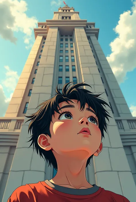 a black haired boy gazing at a prestigious building in manhwa style
