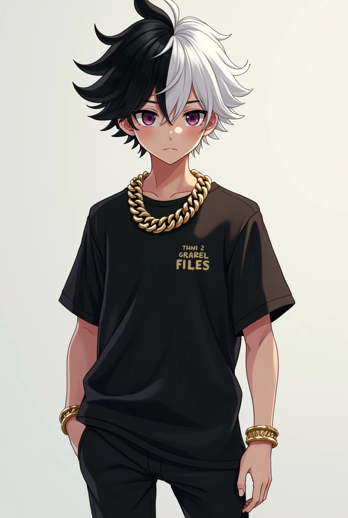 A boy with black and white hair a black shirt with a golden chain on the neck and some black pants
And its a Roblox charector