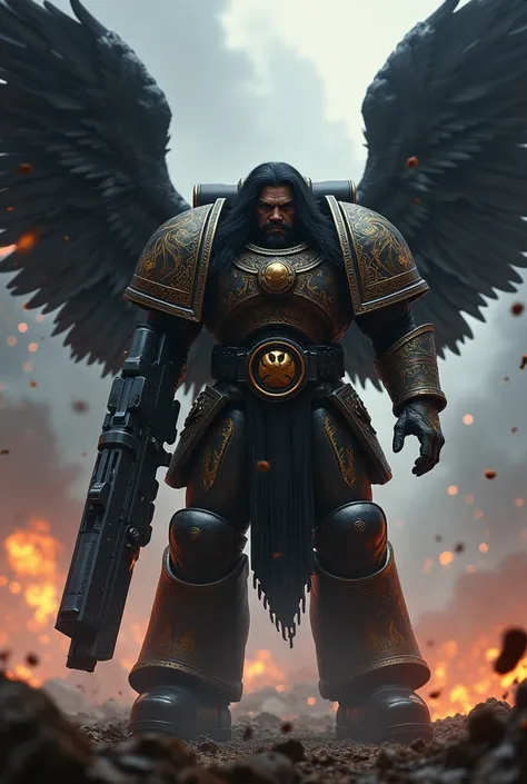 Samoan Man long black hair space marine Warhammer 40k Black wings and big gun Black and war
