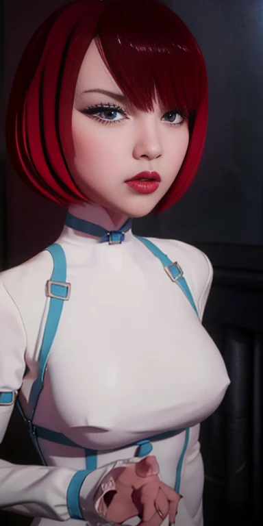 NSFW, foreground , redhead girl, bobcut, extraordinary beauty and very detailed, eyes and eyeliner, gothic makeup full lips,single face high resolution image 12k 1 levels.2 high resolution 