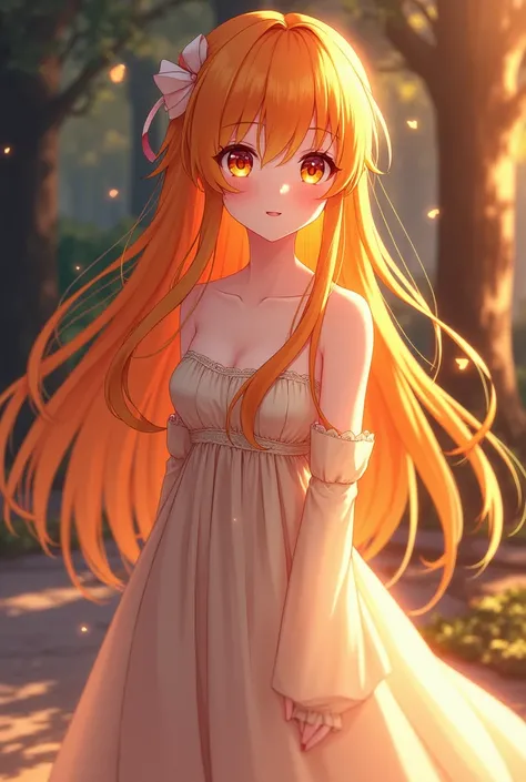 Masterpiece, The ultimate result, high resolution, A woman wearing a long dress、 Long orange hair reaching the middle of the back、 Golden orange eyes、 lovely woman、 beautiful、 sling、 My eyes fell.、 Softness、 Detailed faces、（High quality）、smile、gentle、Anime