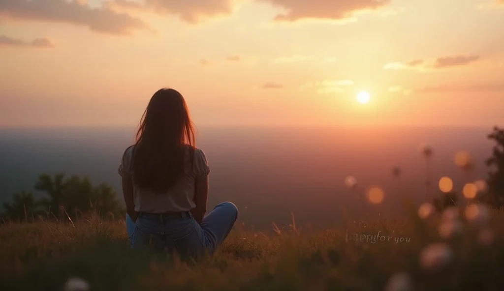 Create a visually striking YouTube thumbnail featuring a person sitting alone on a grassy hilltop at sunset, gazing out over a vast, serene landscape. The sky is painted with soft, warm hues of orange and pink, creating a peaceful, contemplative atmosphere...