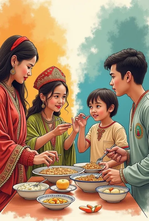  Left Side: A cultural practice, such as a family eating a meal with their hands, showing people in traditional dress enjoying the food.
Right Side: An individual from a different culture is eating with utensils and looking at the meal with curiosity but n...