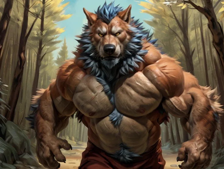 muscular feral:1.2 fat werewolf _akbal, posing for the camera. 4k, high resolution, best quality, perfect colors, perfect shadows, perfect lighting, posted on e621, blue pavo furry body, orange fur, white chest, black beard, feral wolf, werewolf, blue hair...