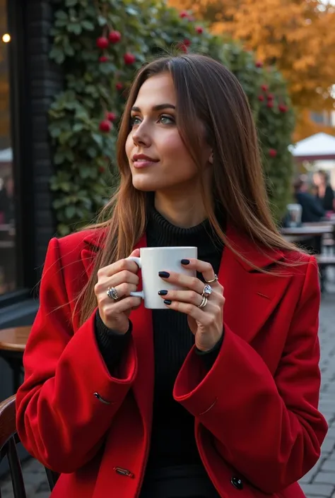 woman with long straight hair, wearing a vibrant red coat over a black outfit, holding a white mug with both hands adorned with rings, and showcasing dark nail polish. The scene is set in an outdoor café with a black brick wall and trailing greenery in the...