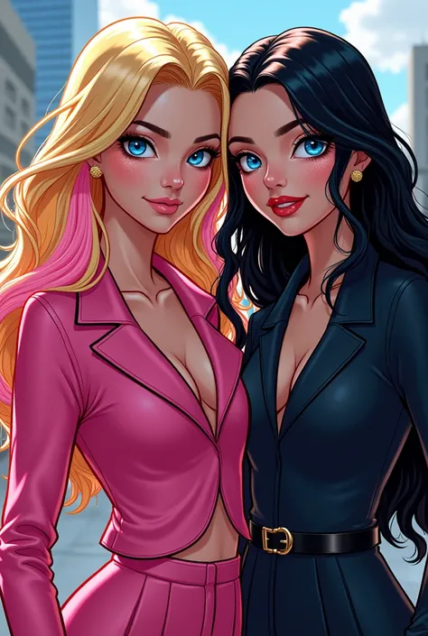 a woman with long blonde hair with pink highlights in her hair and blue eyes, her pink clothing, next to another woman a little taller with long black hair and equally blue eyes, dark clothing, both white-skinned, smiling, Marvel comic style