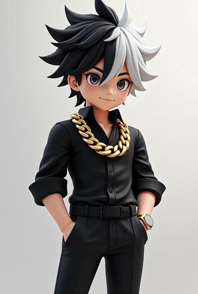 A boy with black and white hair a black shirt with a golden chain on the neck and some black pants
And its a Roblox charector