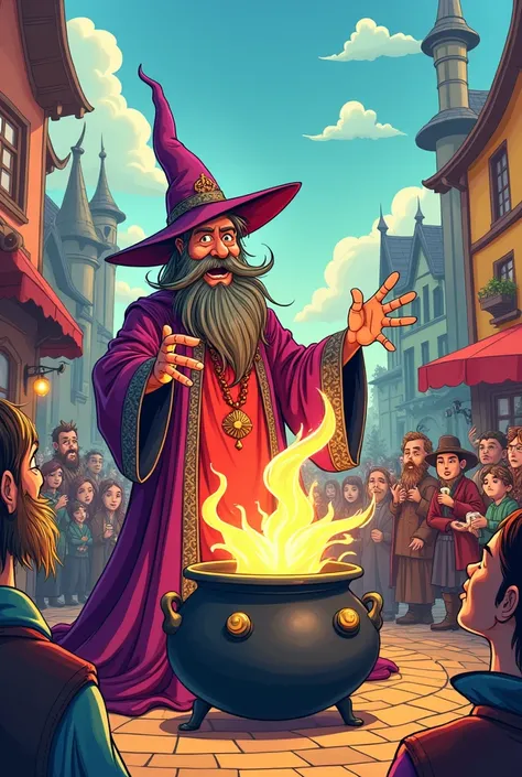 Make the braggart wizard making a portion for the city to see in cartoon more 