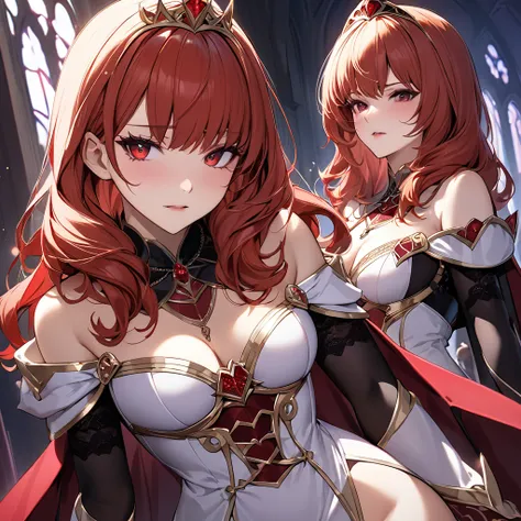 ((Highest quality)), ((masterpiece)), (detailed), （Perfect Face）The woman is a Celica with red hair.、The woman turns to evil and is reincarnated as a seductive and erotic succubus, becoming the evil queen who charms all.